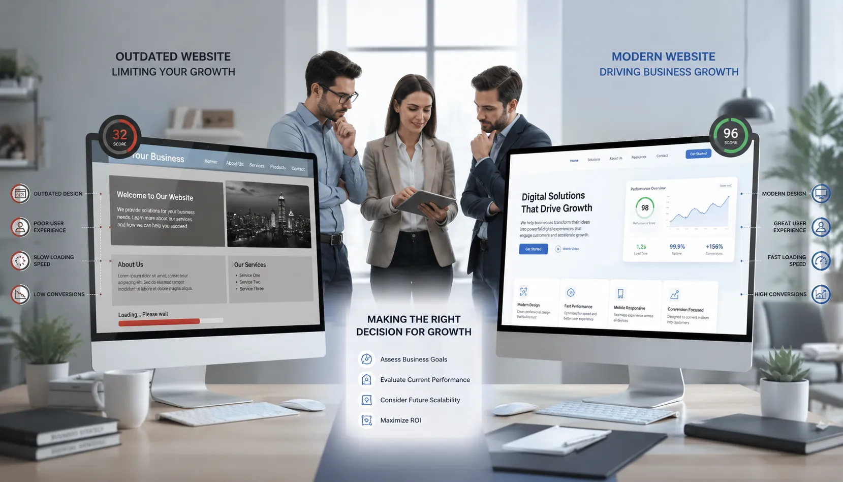 Business team reviewing website development cost estimates and analytics dashboards