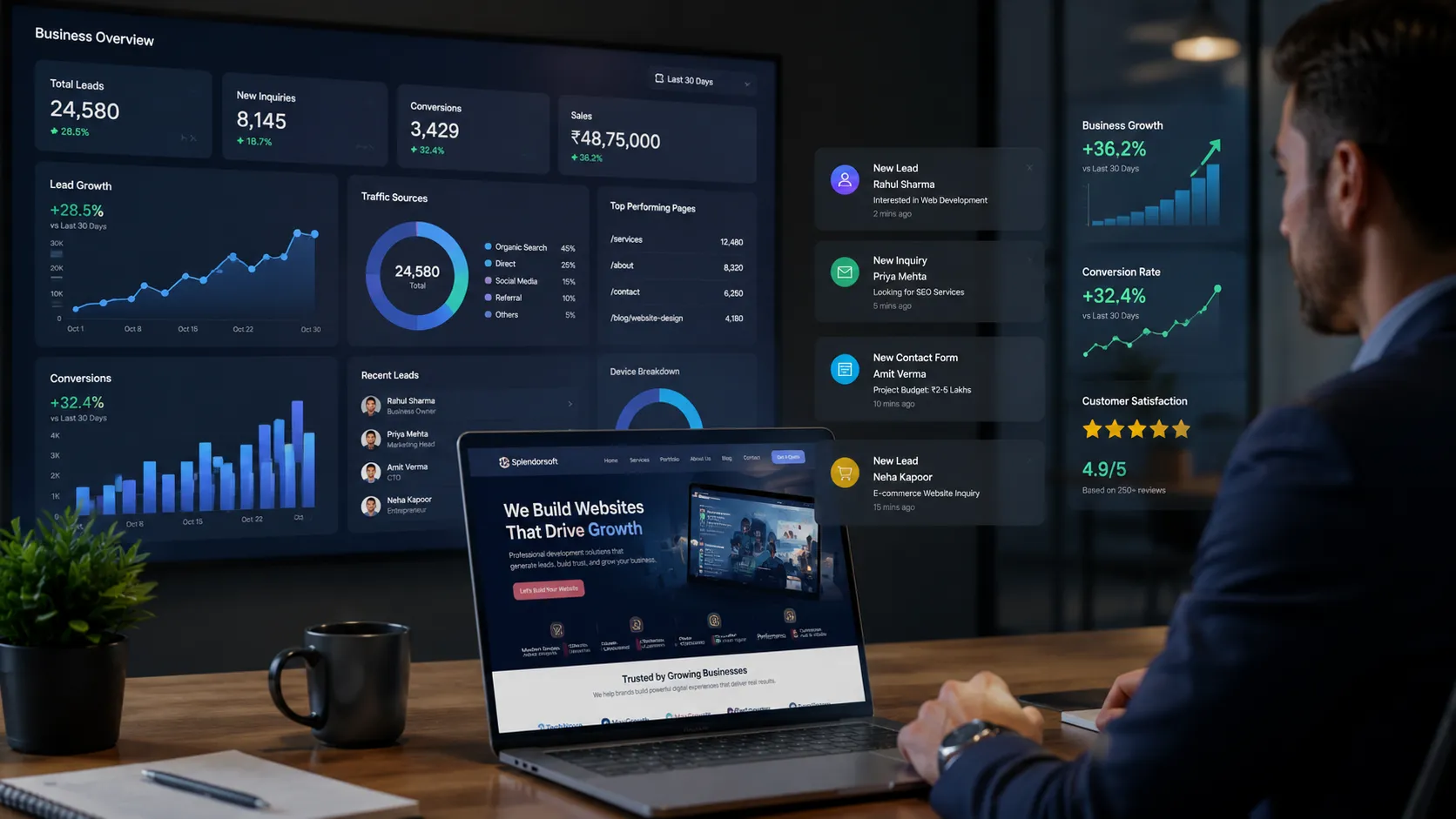 Modern website analytics dashboard showing lead generation metrics, conversion charts, and customer growth data