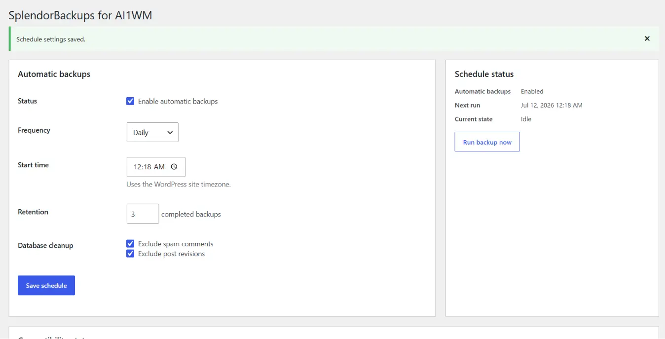 Backup schedule settings screen