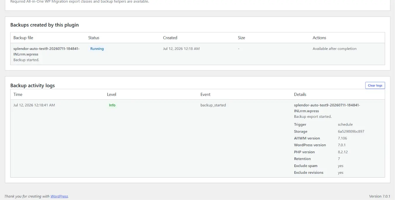 Running backup status screen