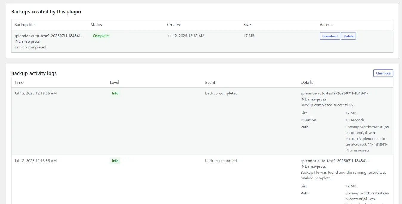 Completed backup and logs screen