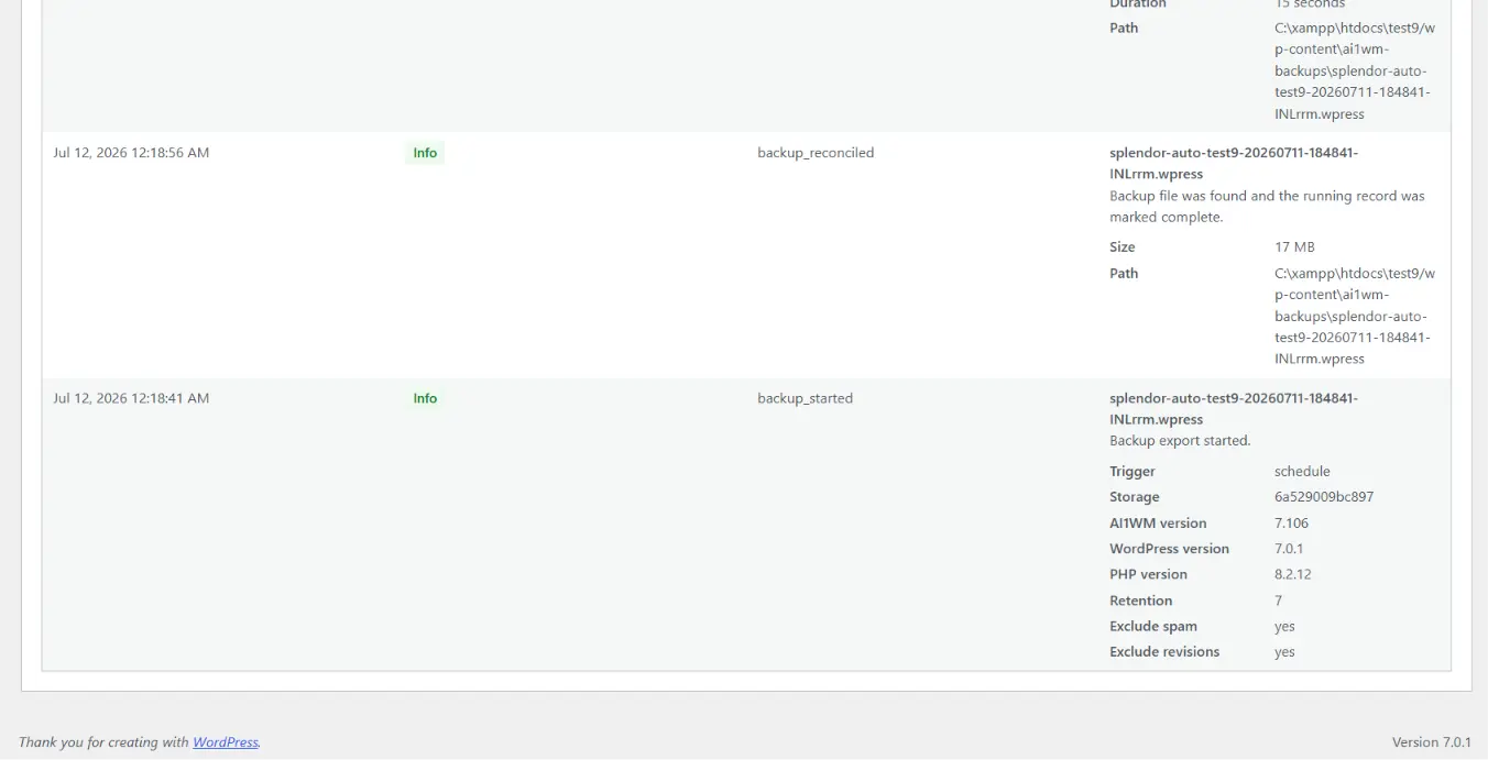 Activity log details screen