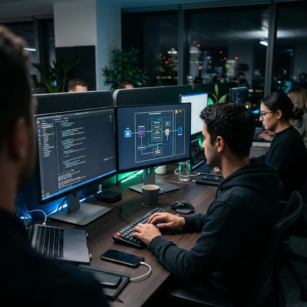 Web application development team evaluating technology foundation for website decisions